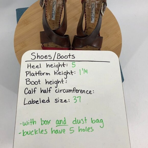 Oscar De La Renta Red Satin  Brown patent leather buckle Platform Stilettos 37 - Picture 13 of 14